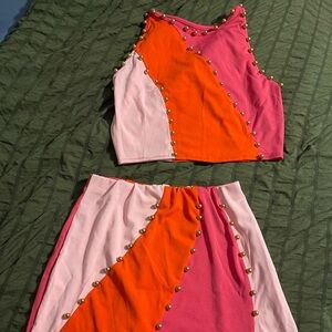 Colorblock Pink & Orange Crop Top and Skirt Set